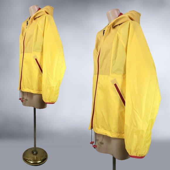 VINTAGE 90s Yellow Hooded Windbreaker Rain Jacket with Storage Pouch by Sierra - Picture 5 of 10